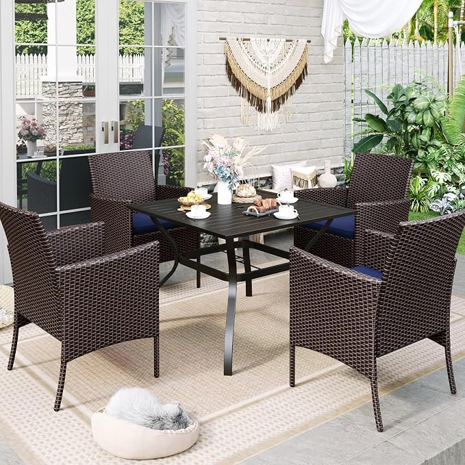 Sophia & William Patio Table and Chairs Set for 4, 5 Pieces Outdoor Dining Set, Square Metal Outdoor Table and Rattan Chairs with 1.57" Umbrella Hole, Seat Cushions