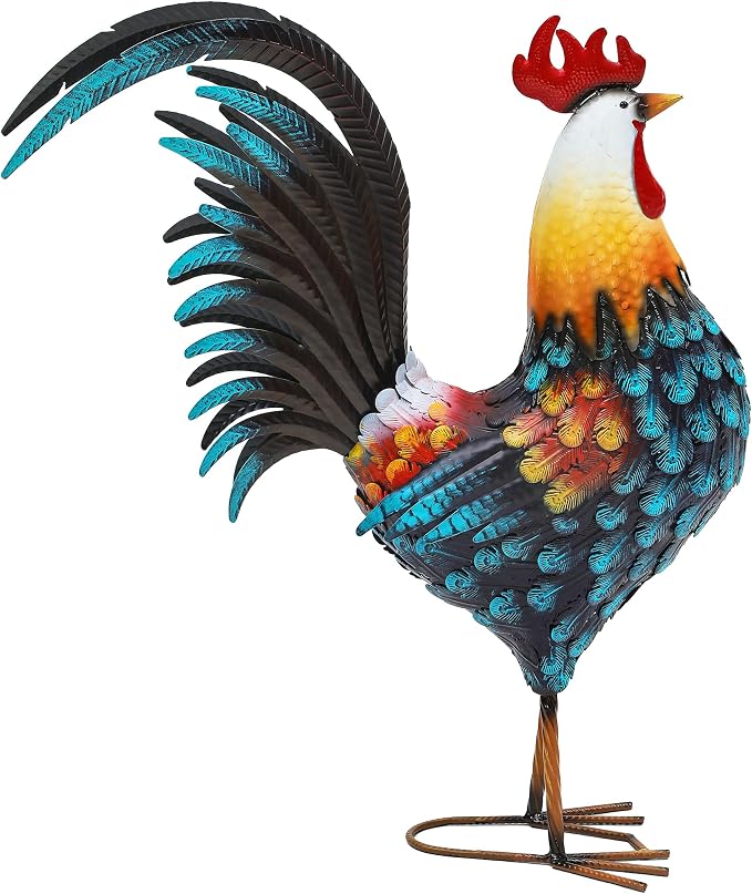 32" Majestic Metal Rooster Yard Decor, Large Outdoor Garden Statue | Outdoor Chicken Sculpture, 3D Hand-Painted, Rustic Farmhouse Style, Weather-Resistant Iron, Backyard Patio Lawn Garden