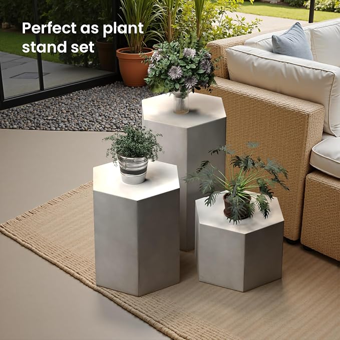 SUNBURY Outdoor Concrete Side Table, 20" H Hexagon Accent Table Outdoor End Tables for Patio, Morden Decor Side Table for Outside, Living Room, Bedroom, Light Grey