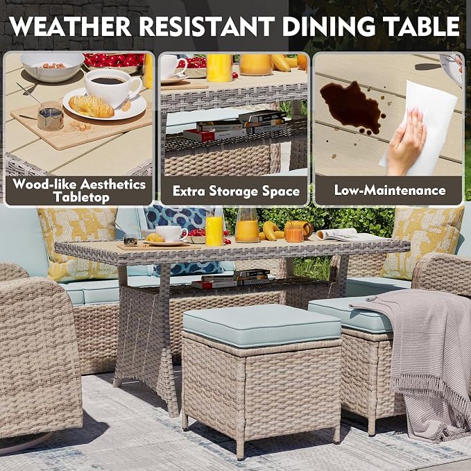 MEISSALIVVE 8 Pieces Patio Furniture Set with Swivel Rocking Chairs, Patio Conversation Set with Dining Table, Patio Dining Set with Waterproof Cushions for Lawn Backyard Porch (Blue)