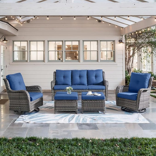 Belord 5 Piece Wicker Patio Furniture Set, Outdoor Swivel Rocker Chairs Set of 2 with Ottomans and 3 Seater Sofa, All Weather Patio Conversation Furniture Set, for Porch Pool, Gray Wicker/Blue