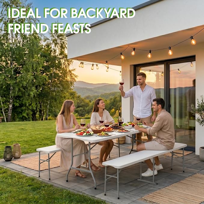 HLPB Folding Table Picnic Table Set, 6 ft Camping Table with 2 Benches, Outdoor Indoor Portable Folding Furniture for Working Meeting Party, Camping, Picnic, Weddings w/Handle and Safety Locks, White