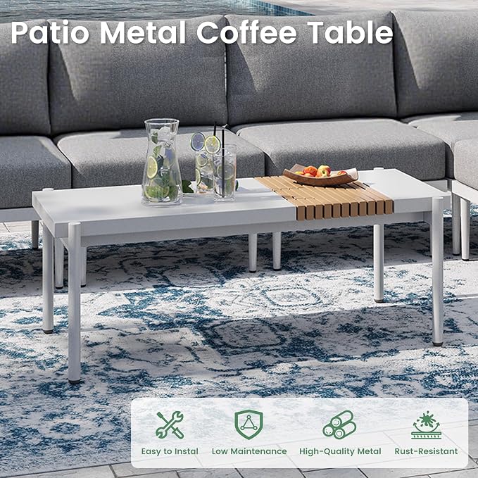 Sundale Outdoor Modern Metal Outdoor Coffee Table with Slatted Wood-Look Tabletop Design, Weather-Resistant Patio Side Table for Garden, Balcony, Poolside(White)