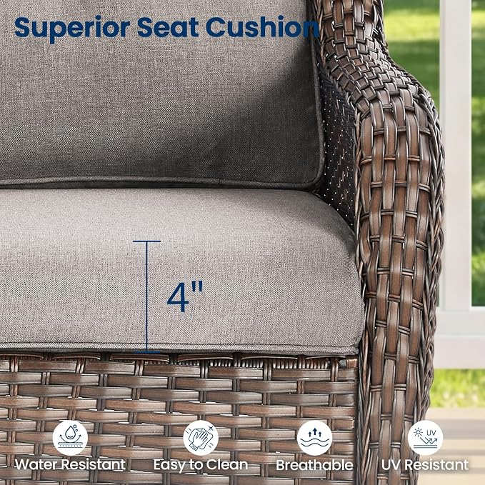 Patio Loveseat Sofa, Outdoor Wicker Loveseat with Luxury Thick Cushion, All-Weather Patio Furniture Set, Outdoor Glider Bench for Garden Balcony Backyard(Brown Wicker/Grey Cushion)
