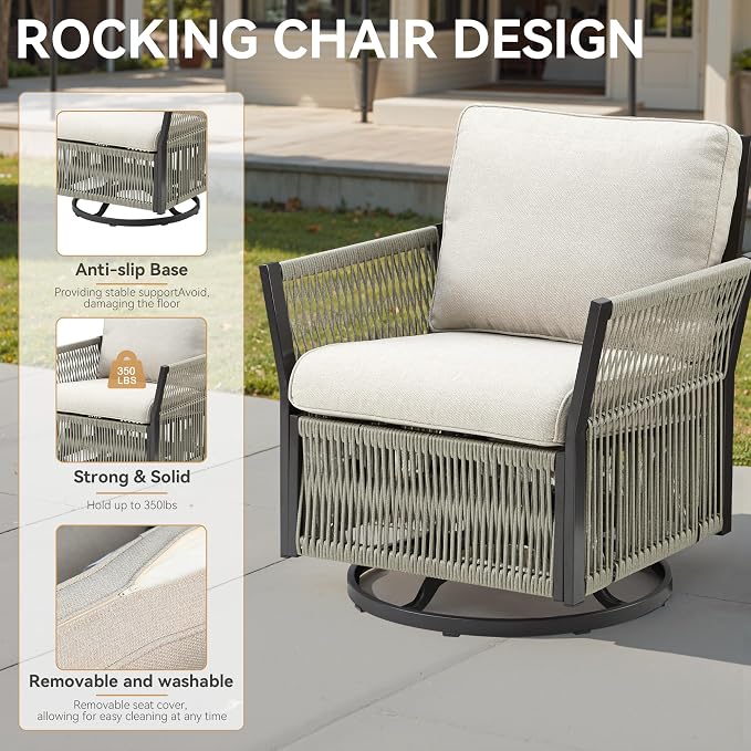 Patio Furniture Set Outdoor/Indoor, Wicker Patio Sofa, 3pcs Furniture Set with Swivel Rocker Chairs and Side Table for Backyard, Garden, Poolside(Beige)