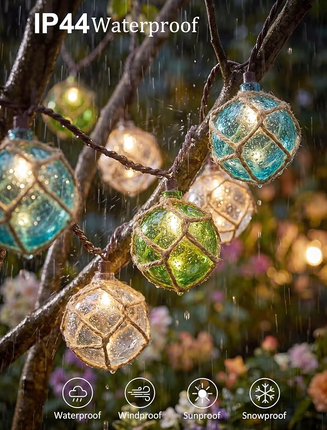 8.5Ft 10L Nautical Fish Float String Lights，Plug in Beach Themed Buoy Light | 1 Pack Fish Net, Connectable, Wall Hanging Fairy Lights for Indoor Home, Outdoor Patio Decorations - Blue/Green/White