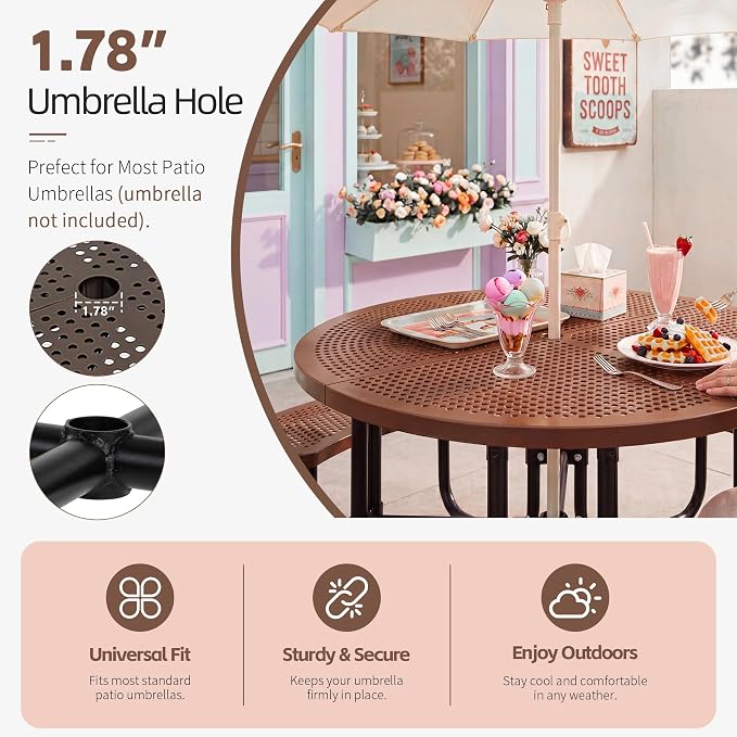 46" Outdoor Round Perforated Picnic Table Metal Camping Table with Umbrella Hole - Heavy Duty Steel Mesh Picnic Bench Set for Backyard Garden Deck, Brown