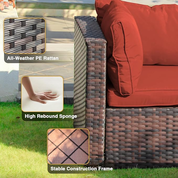 15 Piece Patio Furniture Set with Fire Pit Table, Outdoor Sectional Sofa PE Rattan, Patio Conversation Sets with Cushions for Garden Lawn Balcony Porch Deck Red