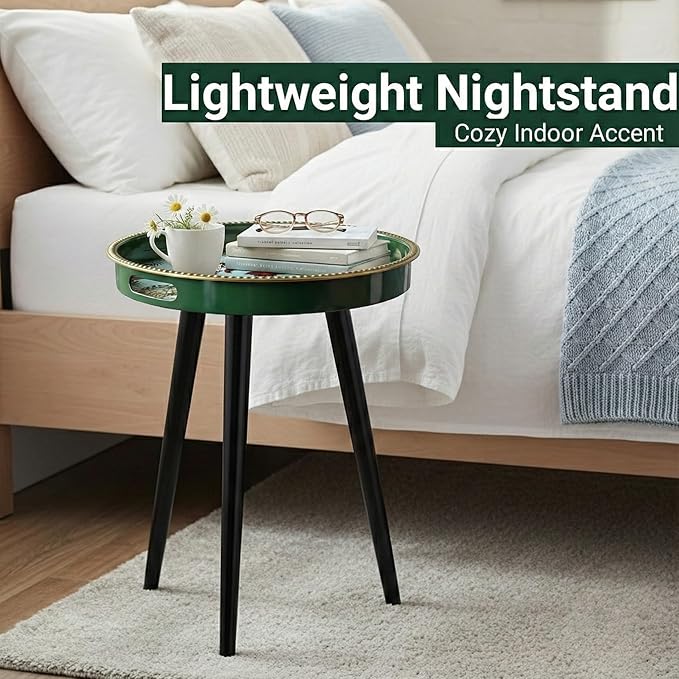 Small Round Side Table - 13 Inch Emerald Green Boho End Table with Vintage Cheetah Pattern Tray - Unique Tropical Accent Table with Moisture-Resistant Wrapped Legs for Living Room & Bedroom