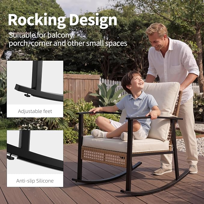Deersky 4 Piece Outdoor Patio Furniture Set, Outdoor Rocking Chairs and Table, All-Weather Modern PE Wicker Rattan Patio Conversation Set for Porch Sunroom Deck and Yard, Cream White