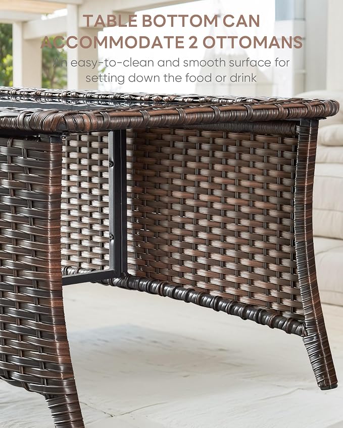 Patio Coffee Table for Outdoor Furniture Set - Easily Clean Wicker Side Tables with Smooth Black Tempered Glass Tabletop for Outside Wicker Rocking Swivel Chairs in Porch Deck Yard - Brown