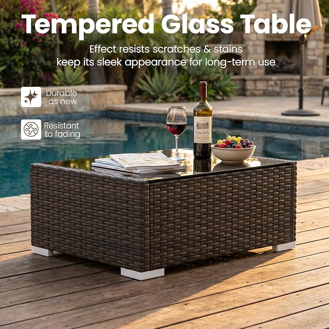 15 Pieces Patio Furniture Set with 44" Propane Gas Fire Pit Table, Outdoor Sectional Brown Rattan Wicker Conversation Sofa Sets with Coffee Table