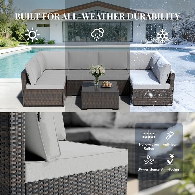 WWR Patio Furniture Set 7 Piece - All-Weather - Wicker Rattan Patio Outdoor Conversation Set, Modular Sectional Sofa for Backyard, Garden, Poolside, Balcony, Porch, Patio, Brown/Light Gray