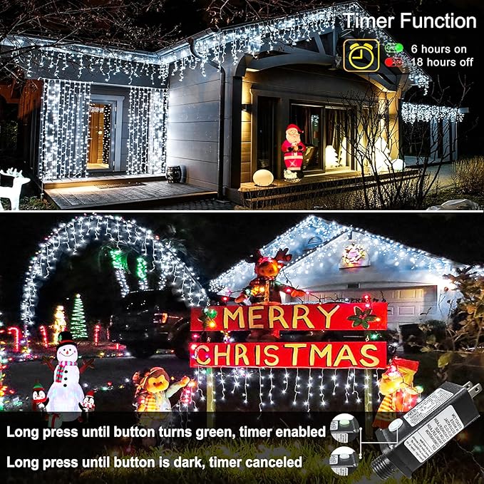 White Christmas Lights Outdoor, 33ft 400 LED Icicle Lights for Outside | Twinkle Lights Plug in 8 Modes Timer Waterproof for House Eaves Patio Window Wedding Party Holiday Decorations, Clear Wire