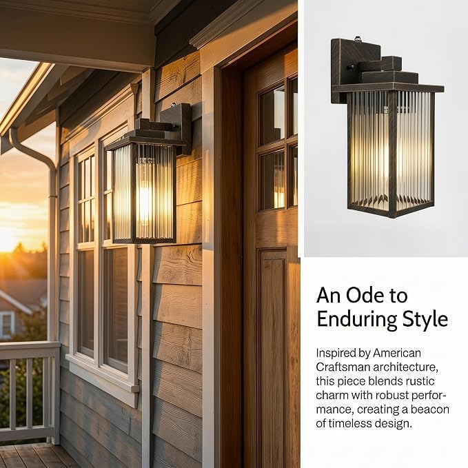 13" Black Brush Gold Dusk to Dawn Wall-Mounted Porch Light | Auto On and Off, Anti-Rust Metal Frame, Tempered Glass, E26 Socket, Easy DIY Install on Porch, Garage