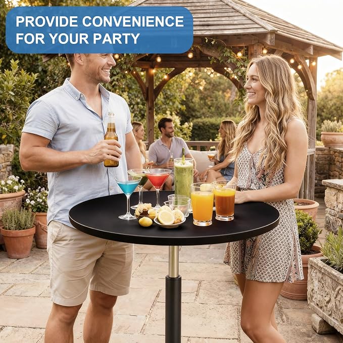 DoubleFill 23.3-31.5 Inches Height Adjustable Outdoor Cocktail Round Tables for Patio with Wheels Adjustable Tall 360°Swivel 23.7'' Round Cocktail Bar Table for Patio Pool Balcony Dining Room Party
