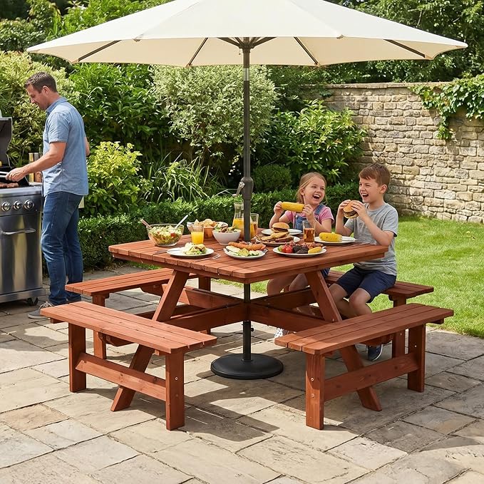VINGLI 8-Person Wood Picnic Table Outdoor Sqaure Picnic Table with Umbrella Hole and 4 Built-in Benches, Outdoor Dining Tables and Chairs 500 LBS Bench Capacity (Brown, Sqaure)
