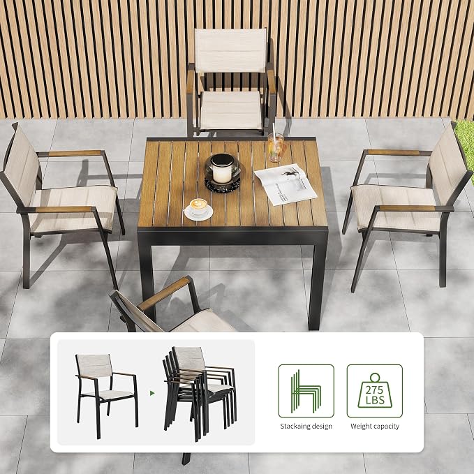 Outdoor Patio Dining Chairs Set of 4, Light Weight Aluminum Frame with Textilene Fabric & Wood-like Armrest, 275 LBS Capacity, Outdoor Stackable Chairs for Poolside Lawn Garden, Brown Armrest