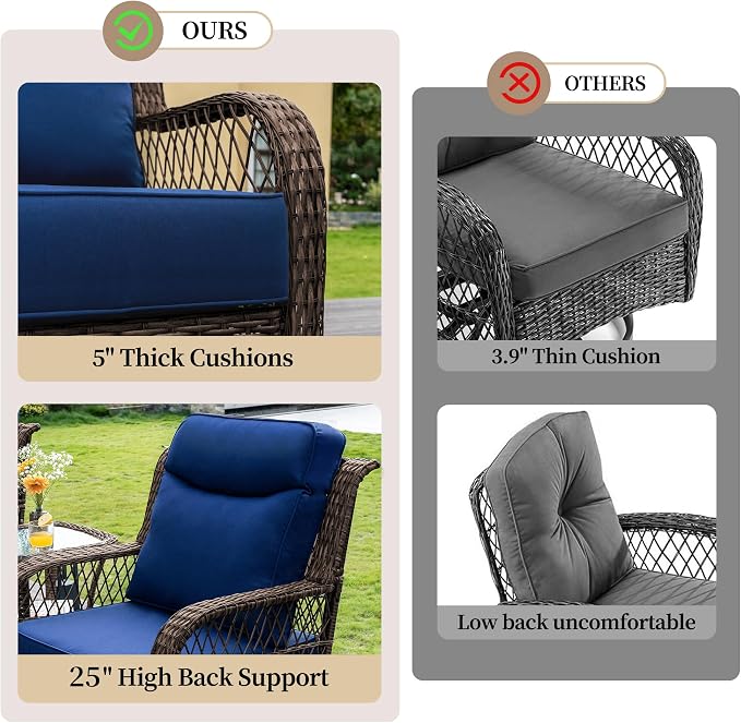 PIZZELLO Outdoor Swivel Chairs 3 Piece Wicker Rocking Chairs Set Patio Furniture Set with Rattan Side Table Rocker Bistro Sets for Outside Porch Backyard (5" Thick Cushions and 25" Full Support Back)