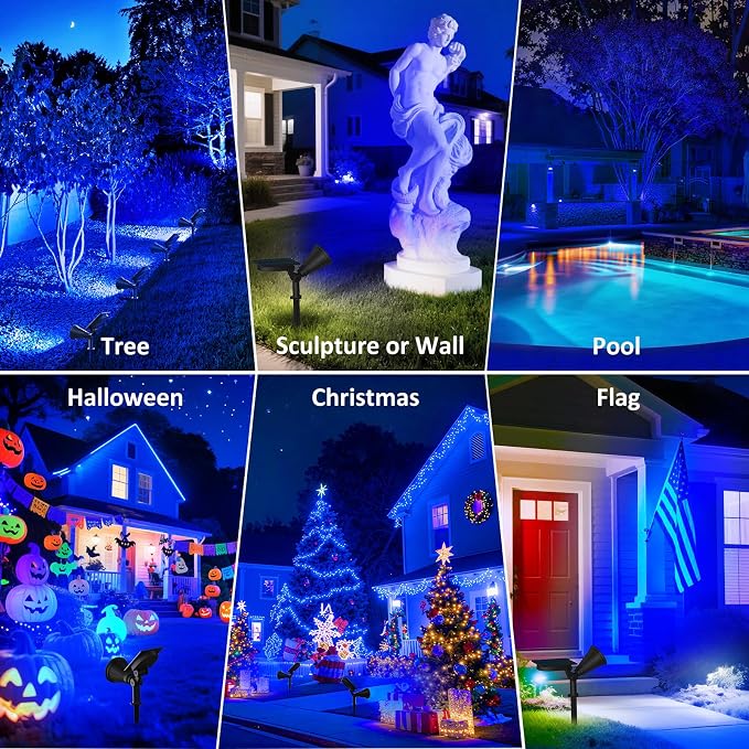 T-SUNUS Blue Solar Spotlights Outdoor 2 Pack, 200LM Landscape Lighting Waterproof IP65, Adjustable Spot Lights Auto On/Off 2 Modes for Yard Garden Tree Halloween Christmas Decoration Pond Flag Pool
