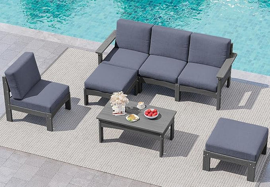 SERWALL 7-Piece Patio Sofa Set, Outdoor Furniture Set, All-Weather HDPE Outdoor Sectional Conversation Set with Cushions and Coffee Table, Large Modular Sofas for Garden, Grey Frame with Grey Cushion