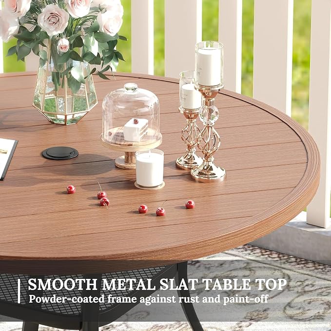 VICLLAX Patio Dining Set for 6, All Weather Metal 7 Pieces Patio Set-47.2" Round Outdoor Table and Stackable Chairs for Lawn Garden and Backyard, Walnut Wood Grain Tabletop