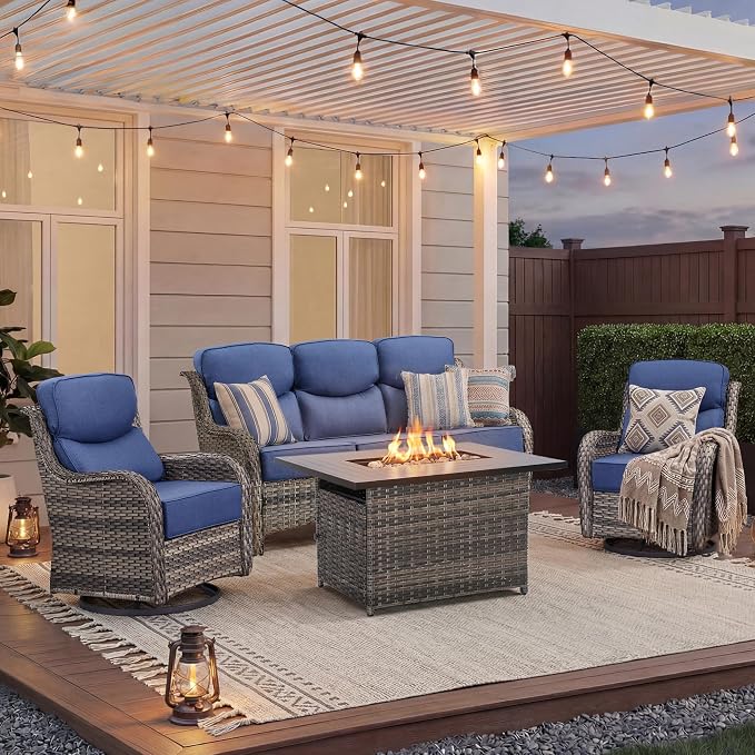 Luxury Patio Furniture Set with Fire Pit Table-4 Pieces High Back Wicker Swivel Rocker Chairs with 6" Extra Thick Cushions, Outdoor Patio Conversation Sets for Porch Deck Backyard(Grey/Blue)