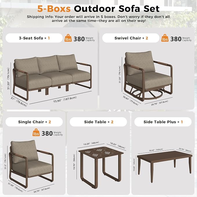 Outdoor Aluminum Patio Furniture Set with with 6.5" Thick Cushions,10-Piece Outdoor Sectional Conversation Set with Swivel Chairs,All-Weather Patio Set for Backyard & Deck，Brown