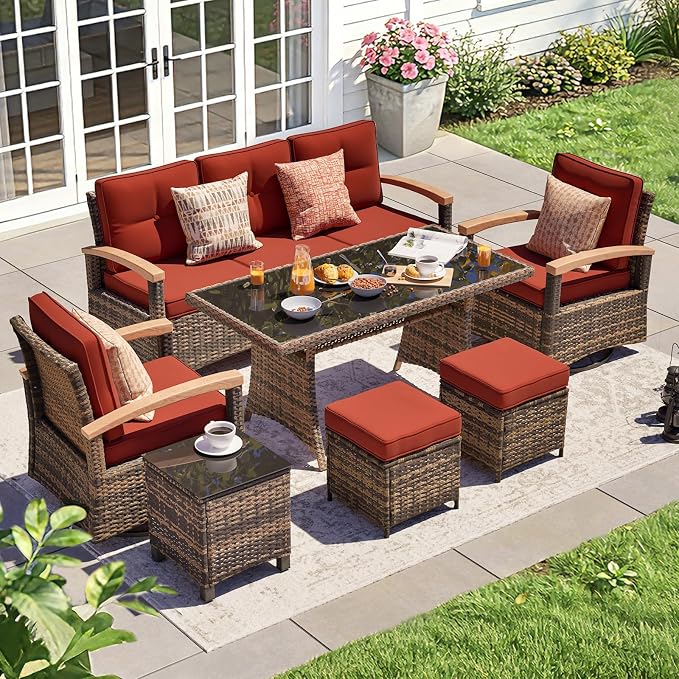 MEISSALIVVE 7 Pieces Patio Furniture Sets, PE Wicker Outdoor Conversation Sets with 2 Wood Armrests Swivel Rocker Chairs, 2 Ottomans, 3-seat Sofa and Dining Table (Red)