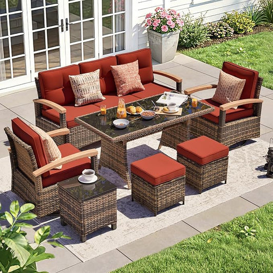 MEISSALIVVE 7 Pieces Patio Furniture Sets, PE Wicker Outdoor Conversation Sets with 2 Wood Armrests Swivel Rocker Chairs, 2 Ottomans, 3-seat Sofa and Dining Table (Red)
