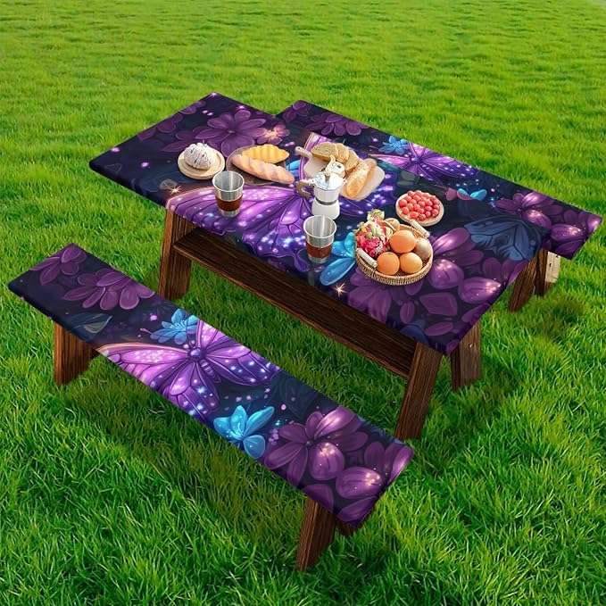 Butterfly Picnic Table Cover with Bench Covers Camping Essentials Outdoor Table and Chairs Decorative Sets Flexible Picnic Table 3 Piece Set Suitable for BBQ Picnic Party Camping