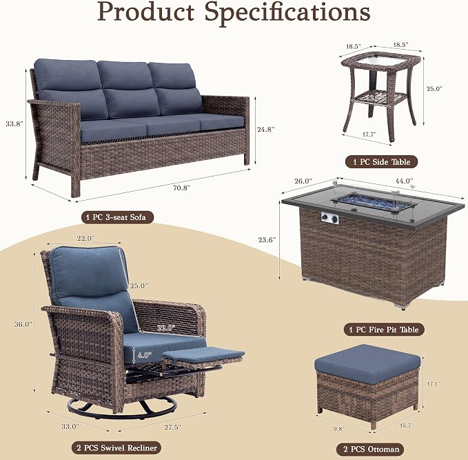 Brafab 7-Seat Piece Wicker Patio Furniture Set with 44" Propane Fire Pit Table, Outdoor Swivel Recliner Chairs with Adjustable Backrest & Footrest for Patio Conversation and Backyard Gathering, Blue