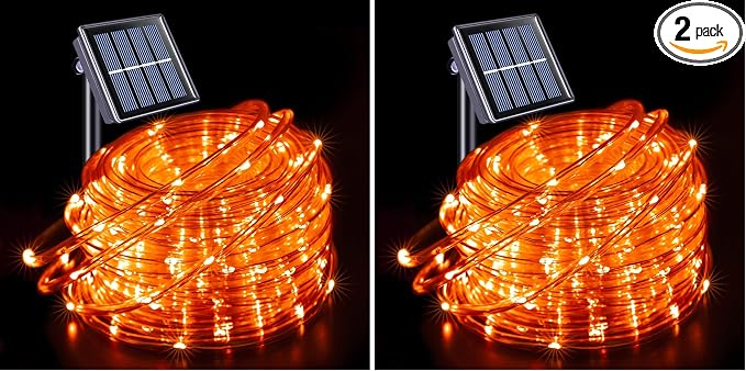 JMEXSUSS Orange Halloween Solar Lights, 66 ft 200 LED Rope Lights Outdoor Waterproof, PVC Tube Orange Christmas String Lights for Halloween Thanksgiving Fall Party Tree Fence Christmas (Pack of 2)