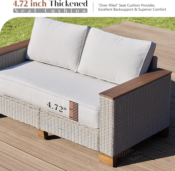 LUXOAK 4-Piece Outdoor Patio Furniture Set, All-Weather Wicker Sofa with 5.9" Solid Wood Armrests, Wooden Legs, and Cushions – Sectional Conversation Set for Backyard, Porch, Garden, or Poolside