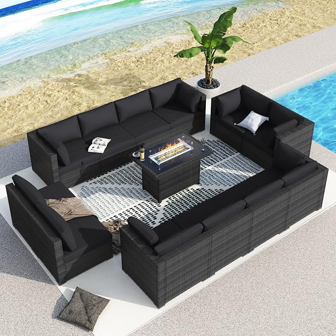 BULEXYARD 13 Piece High Back Patio Furniture Sets with Firepit, Luxury Outdoor Seating Sectional Couch 12-Person Modular, Comfortable Extra Large Wide Deep Backyard Conversation Sofa Set, Grey & Black
