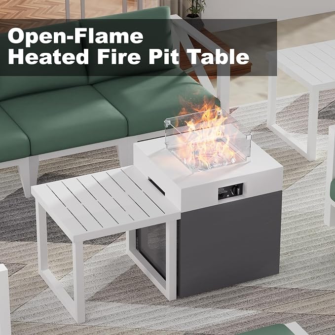 Outdoor Aluminum Patio Furniture Set, 5-Seats Patio Conversation Sofa Set with 37,000 BTU Fire Pit Table w/Glass Wind Guard, All Weather for Pool, Balcony, Garden-White