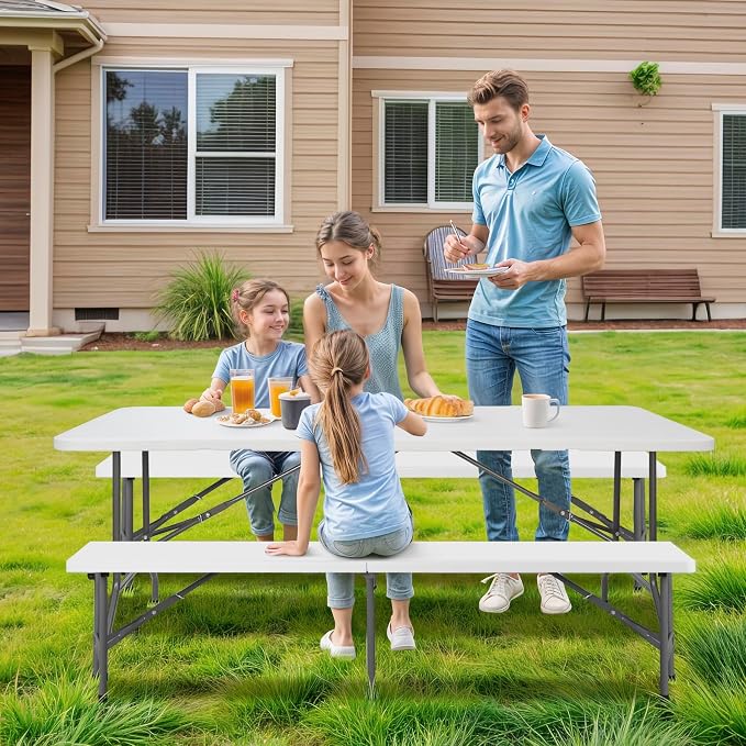 ZENY 6 Feet Picnic Table Set with 2 Benches, 3-Piece Camping Table Chair Set for Dining, Party, Garden, White