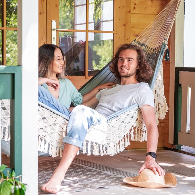 LA SIESTA® Bossanova Organic Cotton Hammock & Steel Stand - Indoor Outdoor Hammock with Stand - Handmade in Brazil, Boho Hammock - 2 Person Double Hammock Bed for Patio Bedroom - XL King, Fjord