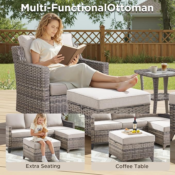 Outdoor Patio Furniture Set-9 Pieces All-Weather Wicker Outdoor Furniture with Swivel Patio Chairs Outdoor Patio Conversation Sets for Garden Porch Deck Grey/Beige