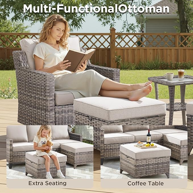 5 Pieces Patio Furniture Set with 42.5" Fire Pit Table-All Weather Wicker Outdoor Furniture with High Back Wicker Patio Chairs Set of 2 Outdoor Couch for Deck Backyard Gray/Beige