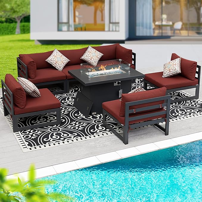BULEXYARD 7 Pcs Modern Aluminum Outdoor Patio Furniture Set with Fire Pit Table Propane/Gas, Large All-Weather Modular Sectional Couch, 29 inch Wide Deep Seating Conversation Sofa for Outside, Red