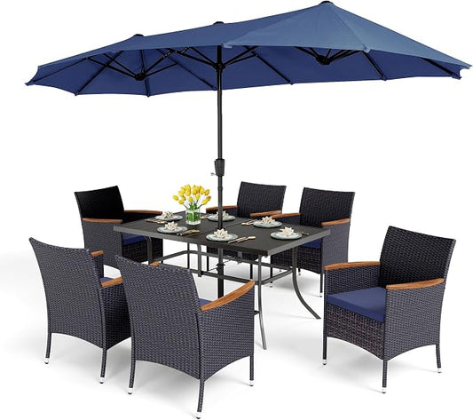 PHI VILLA 7pc Patio Dining Set w/Umbrella, Rectangular Table, Rattan Chairs | Outdoor Dining Set for 6, 60" Metal Table & 6 Cushioned Rattan Chairs with Navy Blue Umbrella for Outdoor, Deck, Yard, Porch