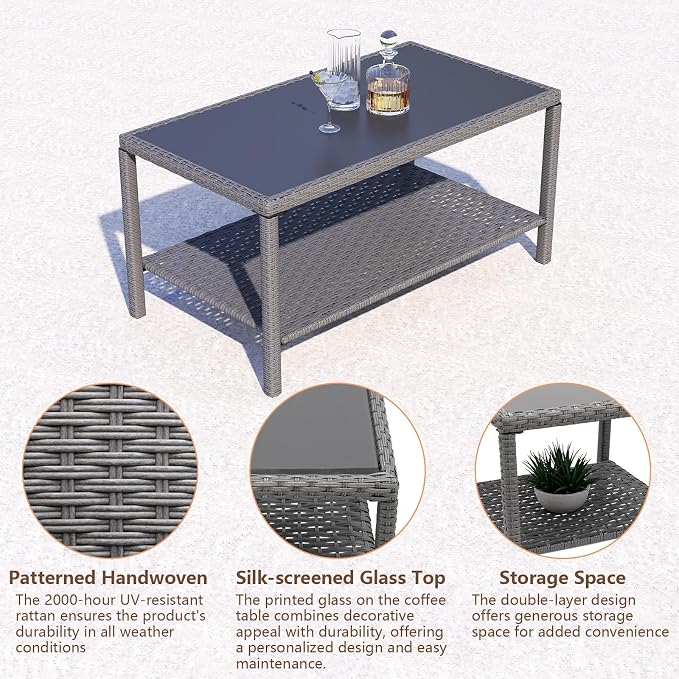 C-Hopetree Small Outdoor Coffee Side End Table for Outside Patio Storage, Gray All Weather Wicker with Glass Top, Rectangle