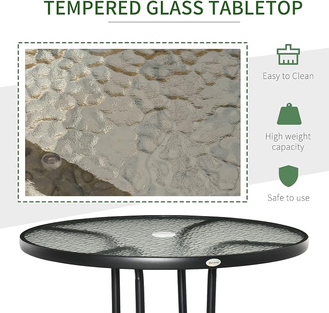 Outsunny 31.5" Round Outdoor Dining Table with Umbrella Hole, Patio Coffee End Side Bistro Table with Tempered Glass Top, Steel Frame for Backyard, Garden, Black