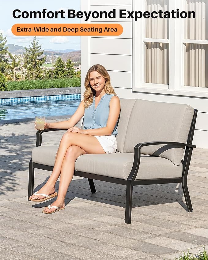 Never-Rust Aluminum Outdoor Loveseat, Modern Patio Loveseat Couch with Deep Seating, All-Weather 2-Seater Outdoor Patio Couch, Outdoor Club Sofa with Cushion for Balcony, Garden, Dark Bronze