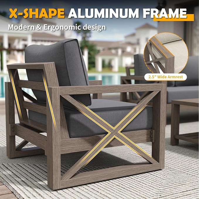 Amopatio Aluminum Patio Furniture Set with Fire Pit, 8 Pcs Metal Patio Sofa Sets with Glass Top Fire Pit Table, Modern Outdoor Furniture with 6" Cushion, Dark Grey (Included Waterproof Covers)