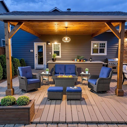 Belord Patio Furniture Set with Fire Pit Table,8 Piece Wicker Outdoor Furniture Set, Swivel Rocker Chairs with Ottomans and Loveseat, All Weather Patio Conversation Set, for Pool,Yard Gray Wicker/Blue