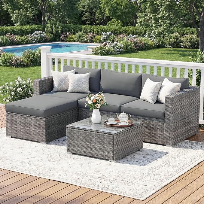 Wisteria Lane Outdoor Patio Furniture Set, All Weather Wicker Rattan Sectional Sofa, Patio Conversation Set with Cushions & Glass Coffee Table for Backyard Porch Garden Balcony, Grey