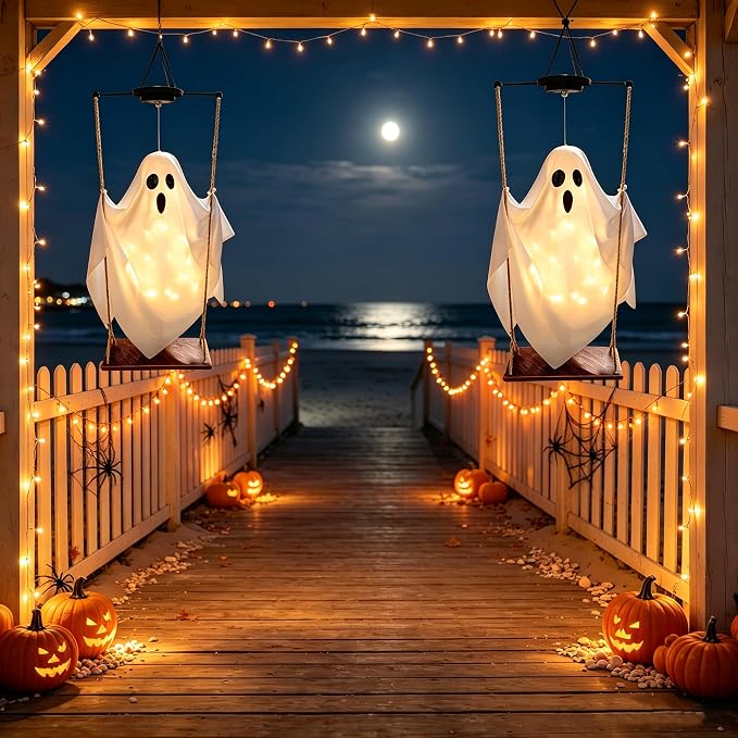Halloween Decorations Outdoor Solar Hanging Swing Ghost Halloween Decor with String Lights, 2 Pack Scary Party Gifts Decor, Spooky Ghost on Swing Decorations for Yard Garden Porch Haunted House Tree