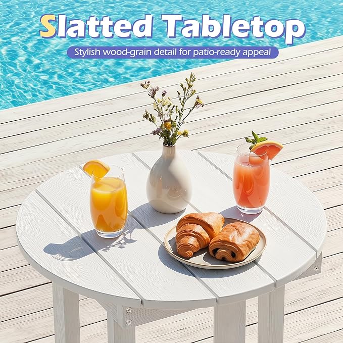 Tangkula Round Outdoor Side Table Set of 2, Adirondack Side Table with Weather-Resistant, Waterproof Top, Small Outside End Table for Patio Deck Pool Porch, Easy Maintenance (White,2)